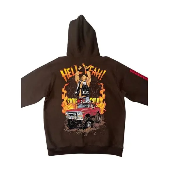 WWE X STONE COLD STEVE AUSTIN Thick Heavy Hoodie HELL YEAH Red BROWN Size L - Picture 2 of 6